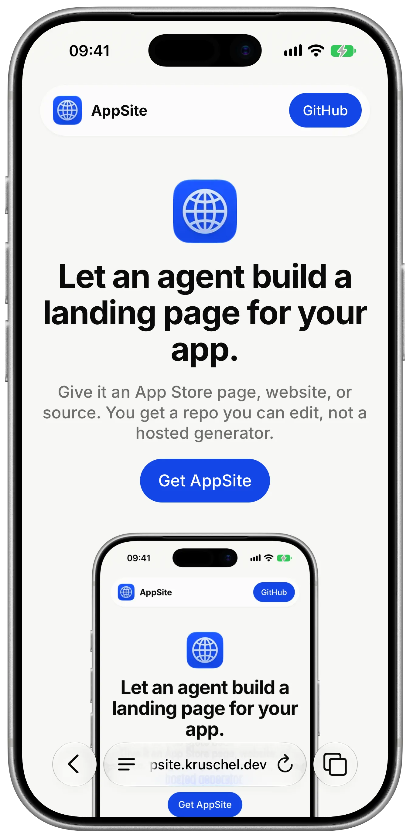 iPhone showing the AppSite homepage in Safari, with the same page nested in a phone mockup